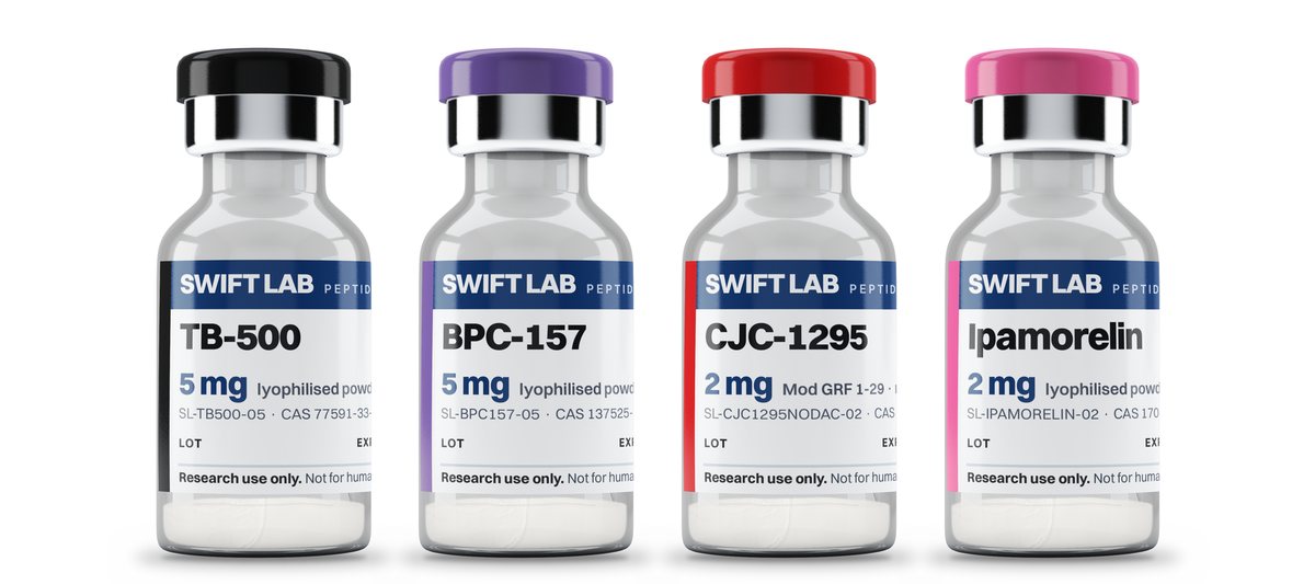 Swift Lab Peptides vials: BPC-157, TB-500, CJC-1295 and Ipamorelin